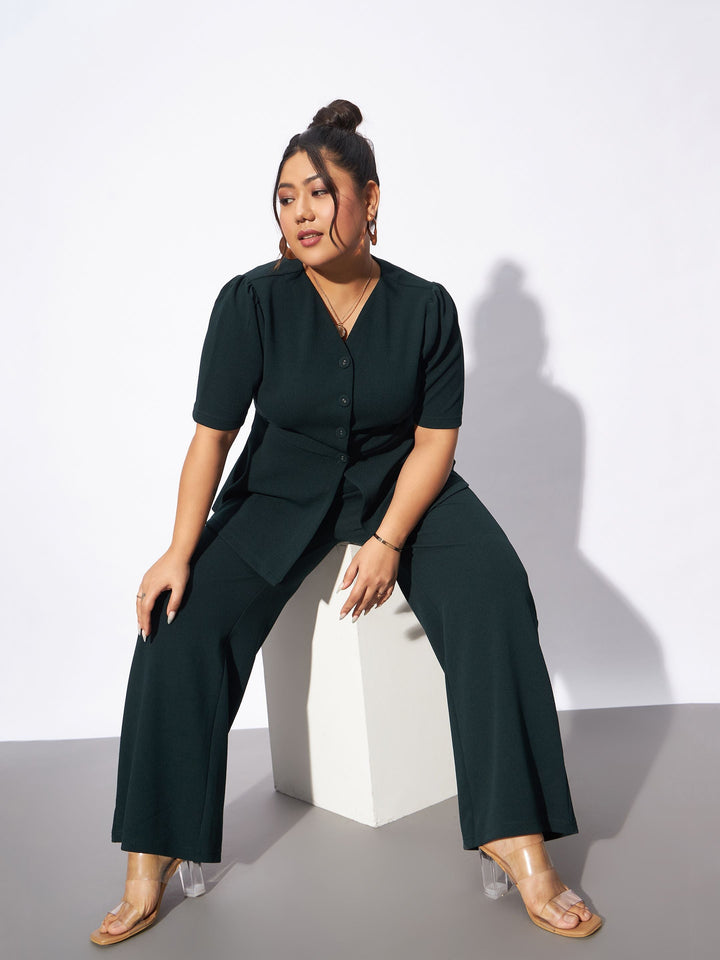 Emerald Green Front Button Top With Pants-SASSAFRAS Curve