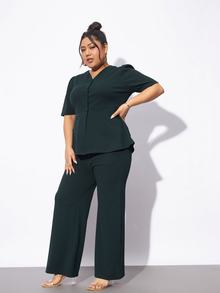 Emerald Green Front Button Top With Pants-SASSAFRAS Curve