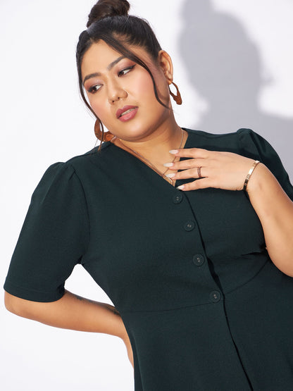 Emerald Green Front Button Top With Pants-SASSAFRAS Curve
