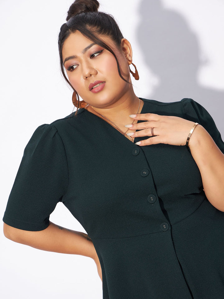Emerald Green Front Button Top With Pants-SASSAFRAS Curve