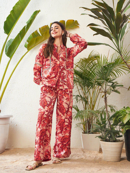Rust Floral Lace Insert Blouse With Palazzo Pants