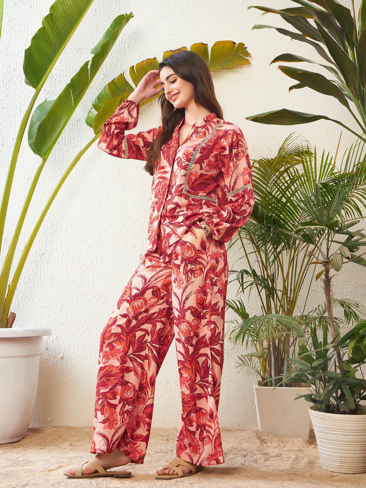 Rust Floral Lace Insert Blouse With Palazzo Pants