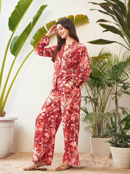 Rust Floral Lace Insert Blouse With Palazzo Pants