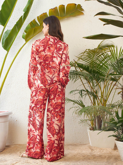 Rust Floral Lace Insert Blouse With Palazzo Pants