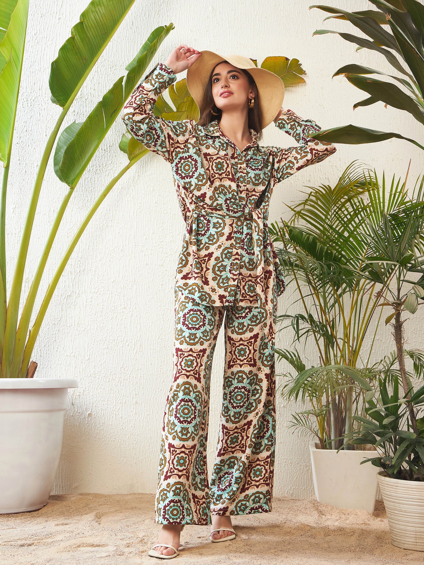Beige Ethnic Motif Shirt With Palazzo Pants