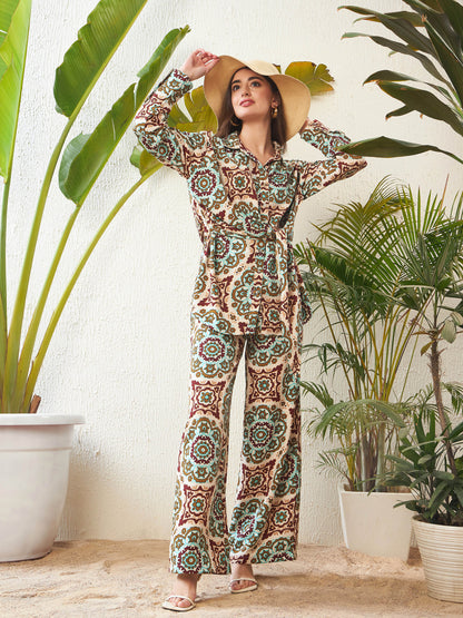 Beige Ethnic Motif Shirt With Palazzo Pants