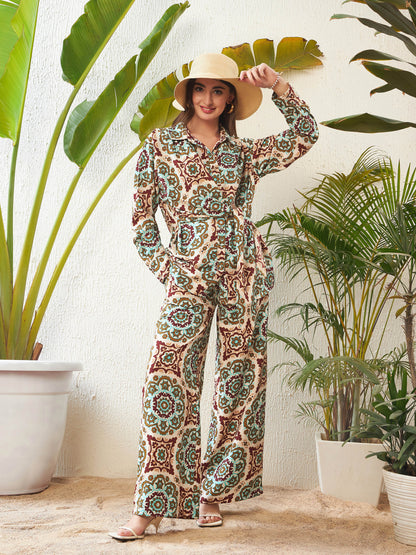 Beige Ethnic Motif Shirt With Palazzo Pants