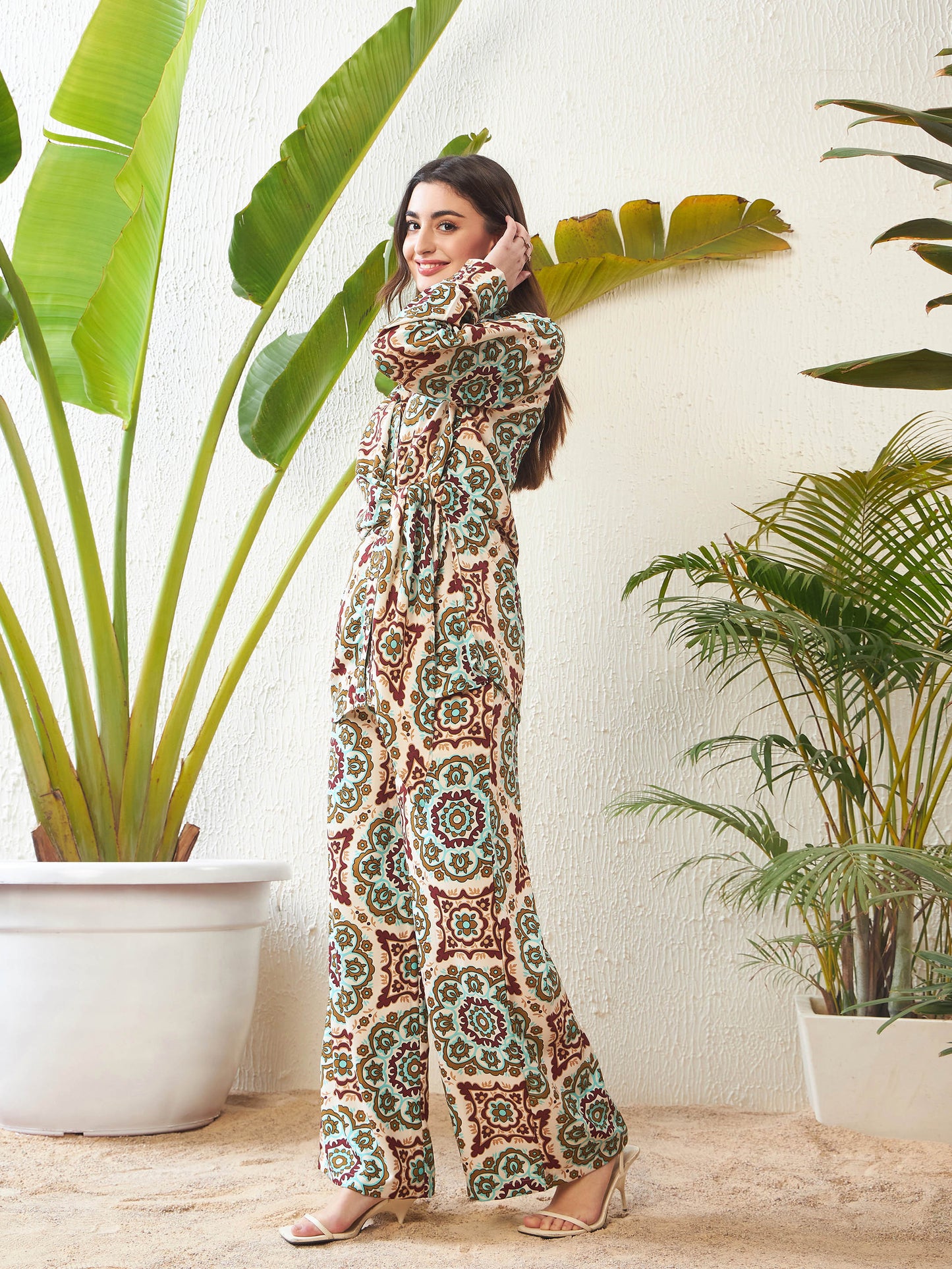 Beige Ethnic Motif Shirt With Palazzo Pants