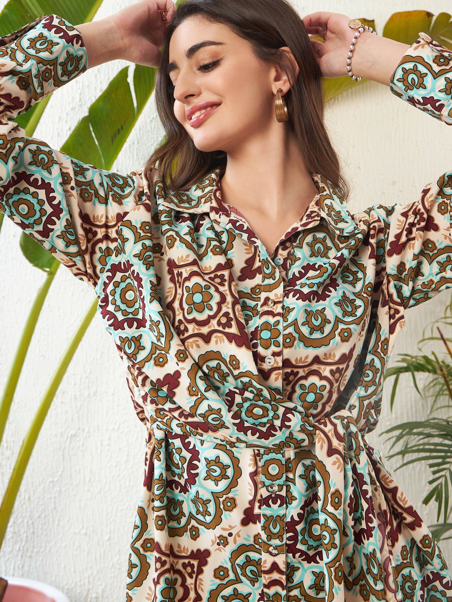 Beige Ethnic Motif Shirt With Palazzo Pants