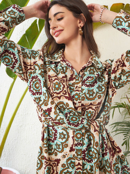 Beige Ethnic Motif Shirt With Palazzo Pants