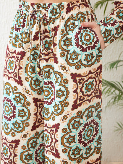 Beige Ethnic Motif Shirt With Palazzo Pants