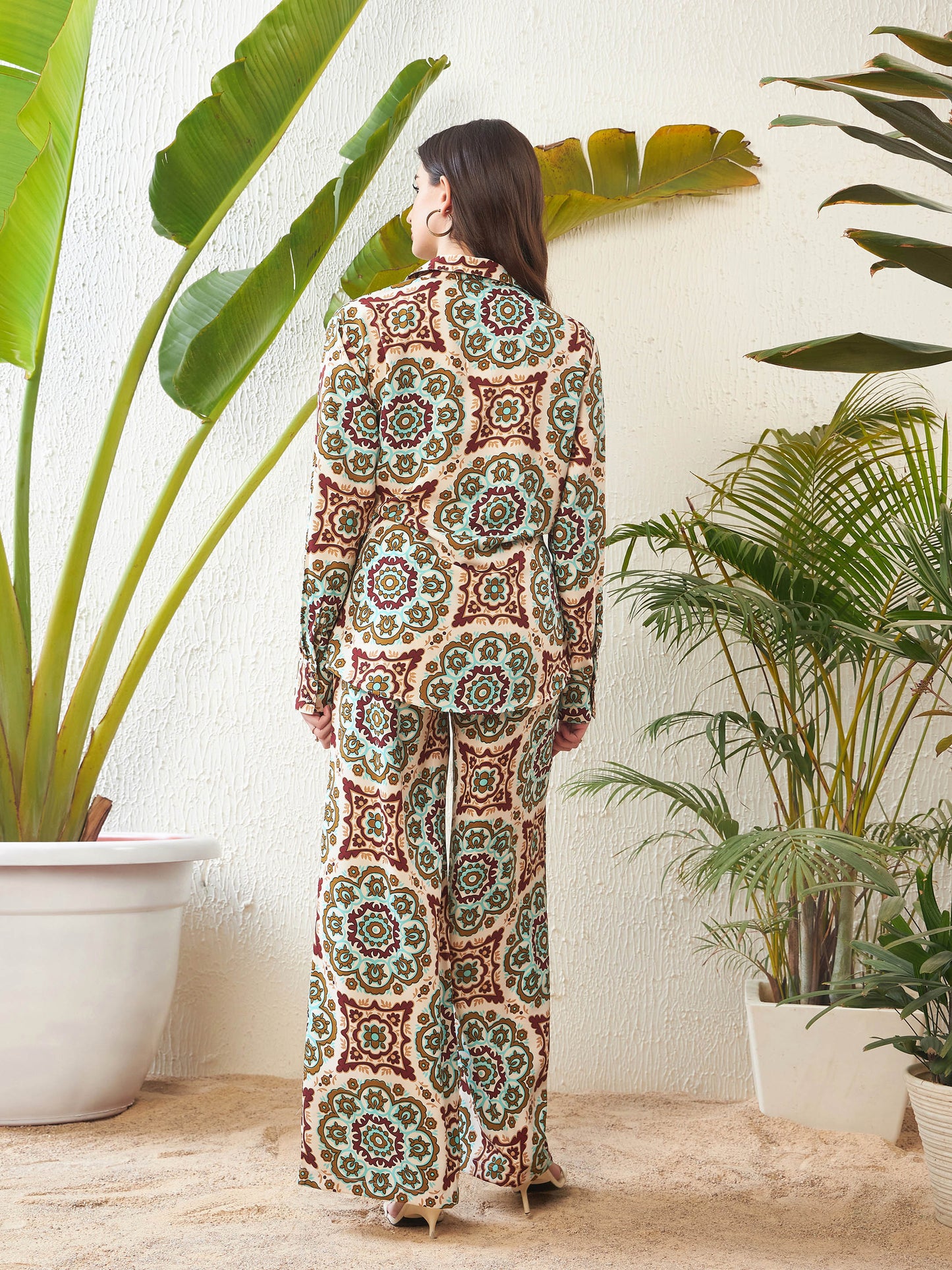 Beige Ethnic Motif Shirt With Palazzo Pants
