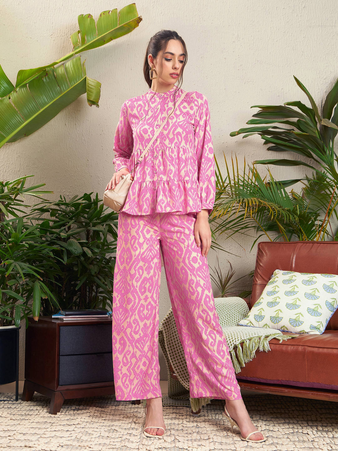 Women's Women Pink Ikat Tiered Shirt With Palazzo Pants in Polyester by Sassafras for wholesale, bulk, supplier, manufacturer and wholesaler buyers from Trendphoria