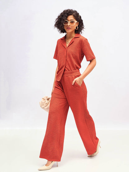 Rust Knit Notch Collar Shirt With Darted Pants