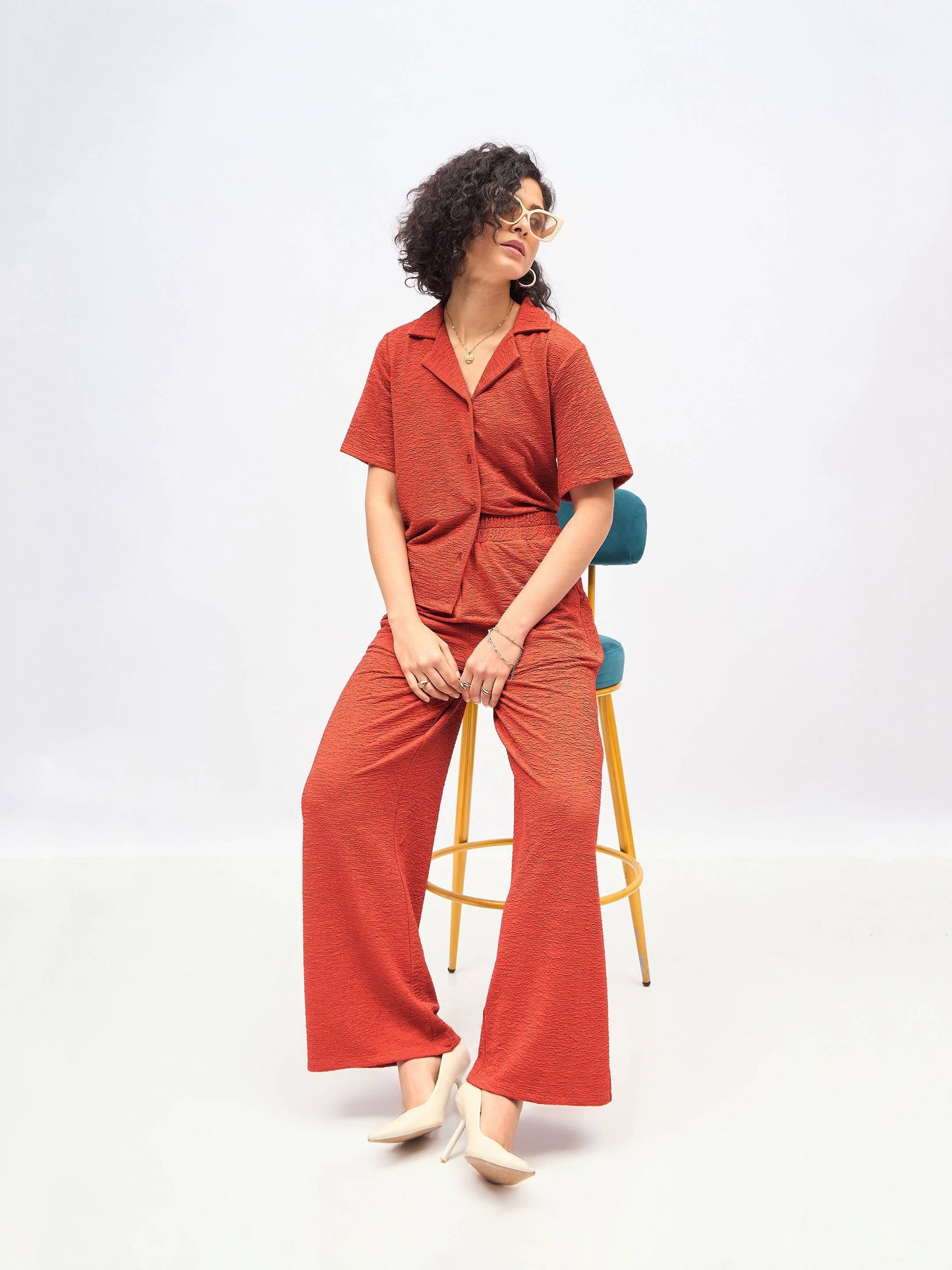 Rust Knit Notch Collar Shirt With Darted Pants