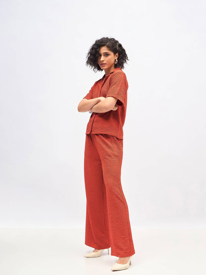 Rust Knit Notch Collar Shirt With Darted Pants