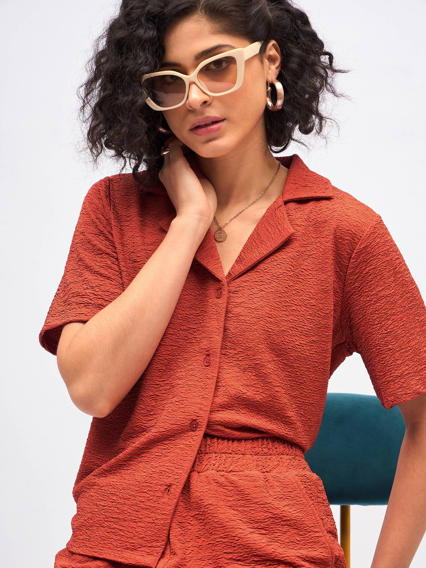 Rust Knit Notch Collar Shirt With Darted Pants
