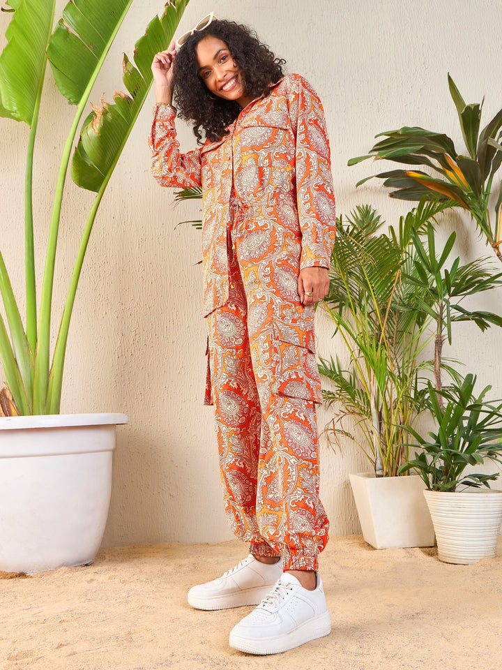 Women Orange Paisley Shirt With Jogger Pants