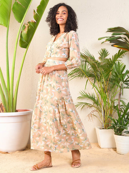 Nude Floral Crop Top With Flared Midi Skirt