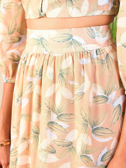 Nude Floral Crop Top With Flared Midi Skirt