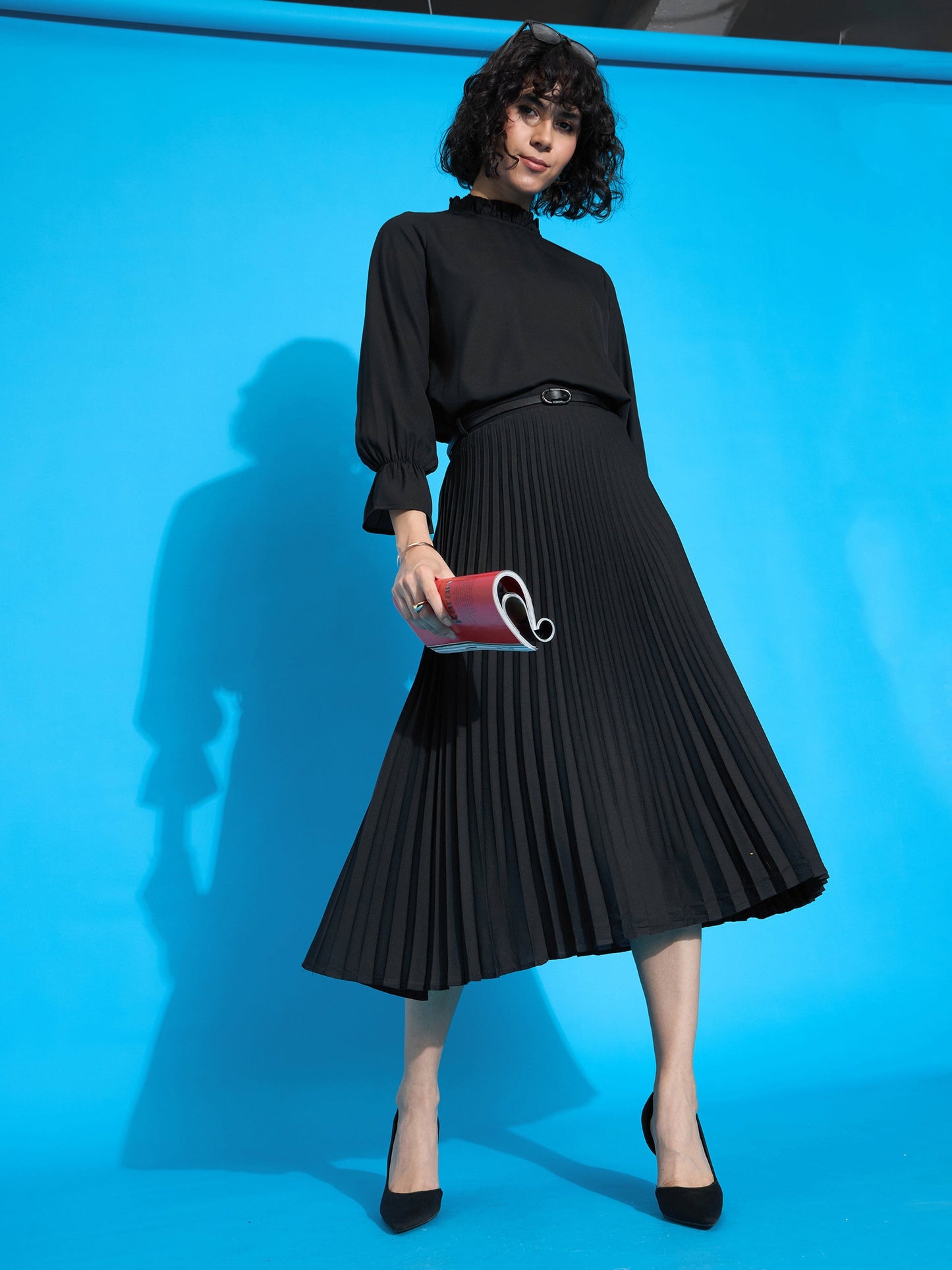 Black Ruffled Neck Blouse With Pleated Skirt