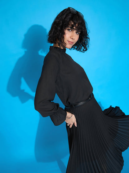 Black Ruffled Neck Blouse With Pleated Skirt