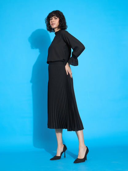 Black Ruffled Neck Blouse With Pleated Skirt