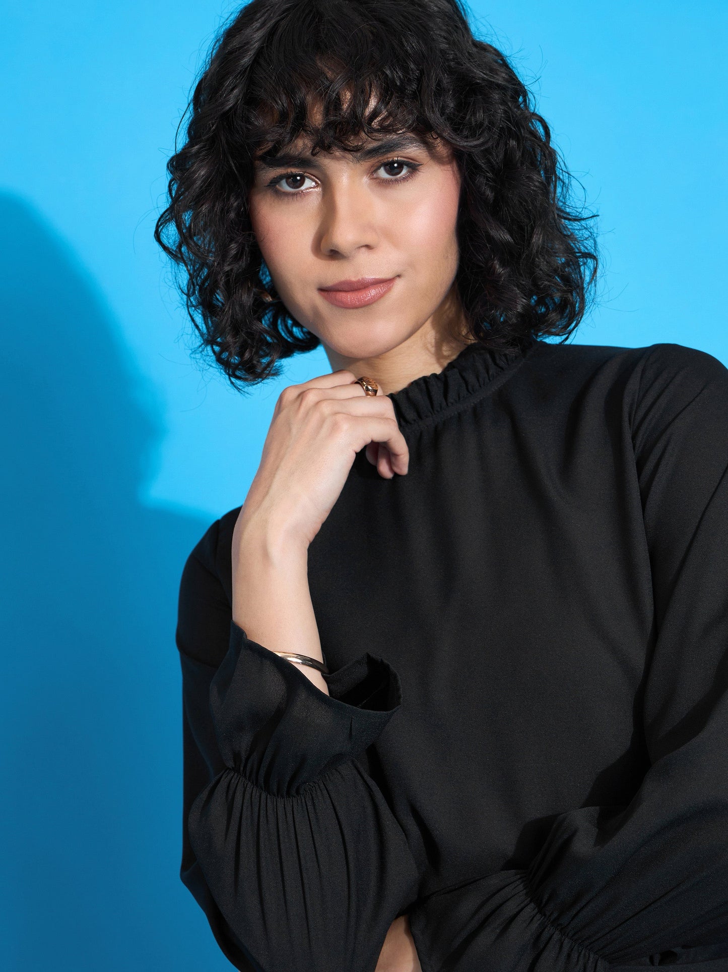 Black Ruffled Neck Blouse With Pleated Skirt