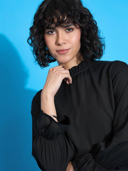 Black Ruffled Neck Blouse With Pleated Skirt