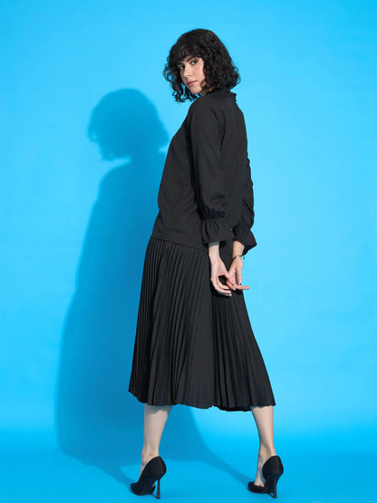 Black Ruffled Neck Blouse With Pleated Skirt