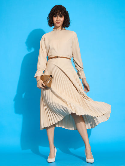 Beige Ruffled Neck Blouse With Pleated Skirt