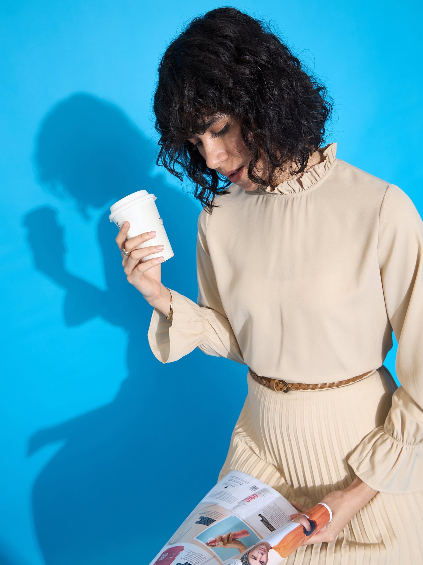 Beige Ruffled Neck Blouse With Pleated Skirt