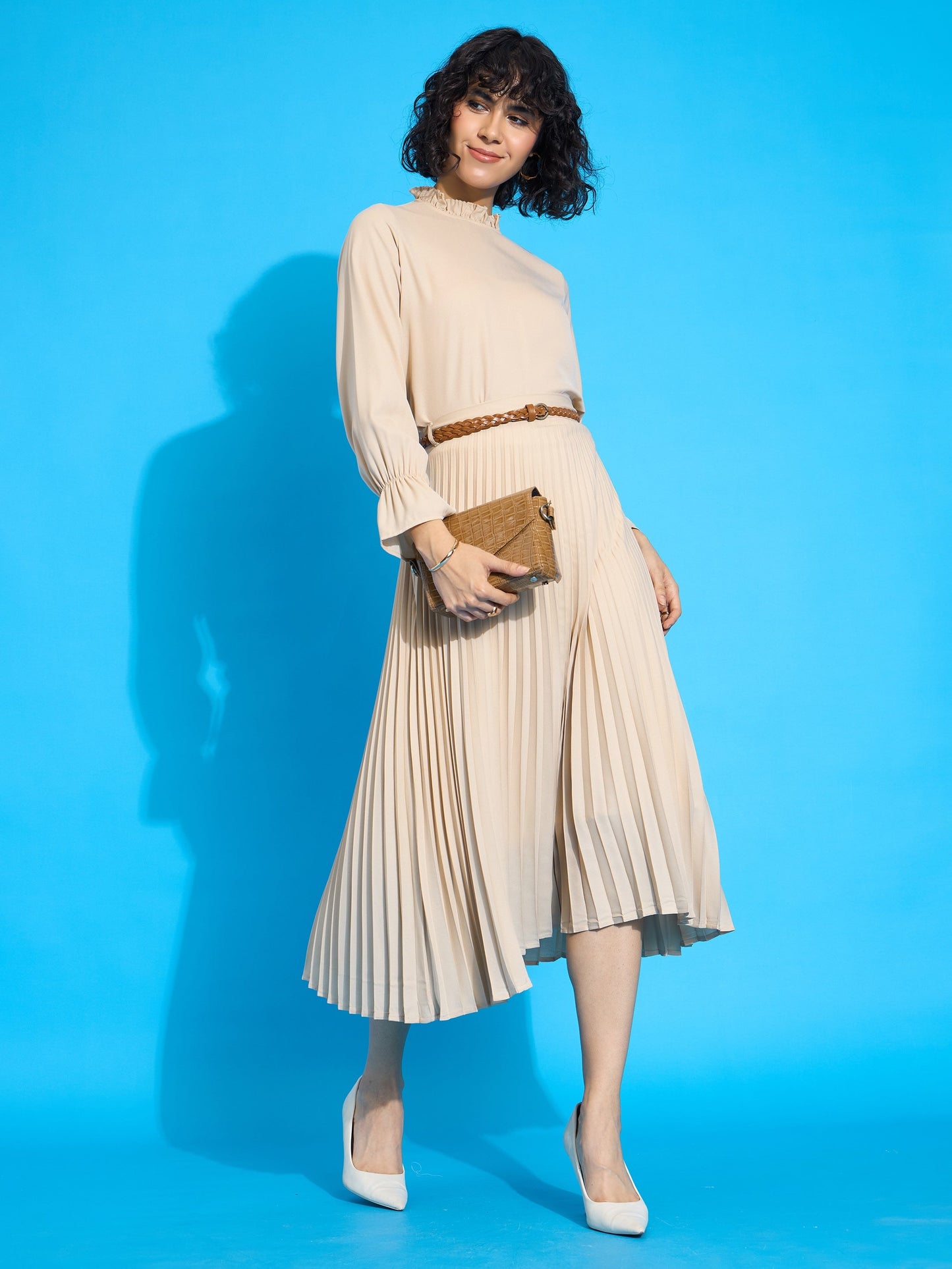 Beige Ruffled Neck Blouse With Pleated Skirt