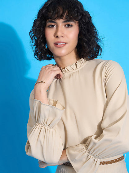 Beige Ruffled Neck Blouse With Pleated Skirt