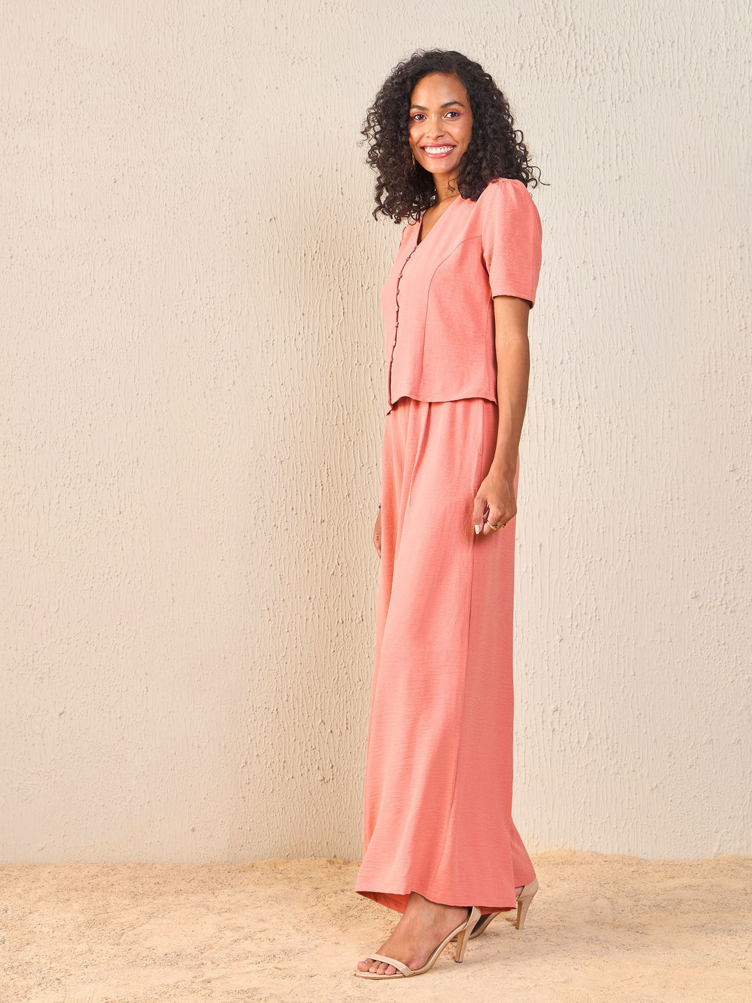 Women Dull Pink Front Button Top With Paperback Waist Pants