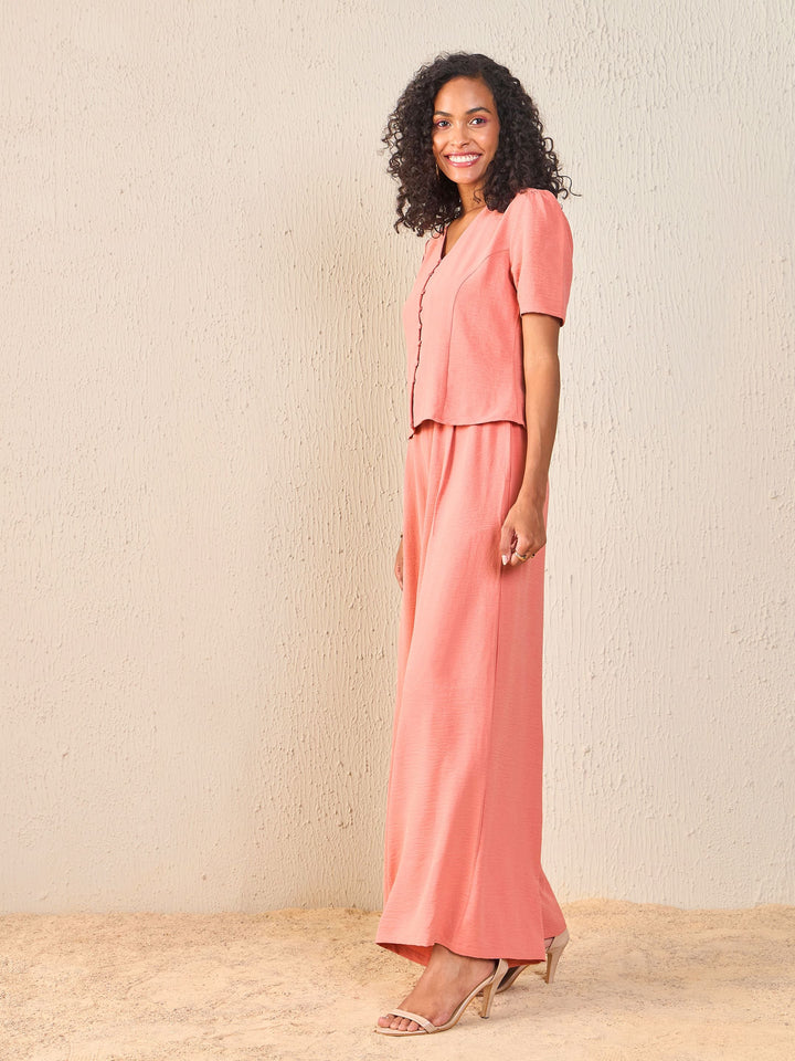 Women Dull Pink Front Button Top With Paperback Waist Pants