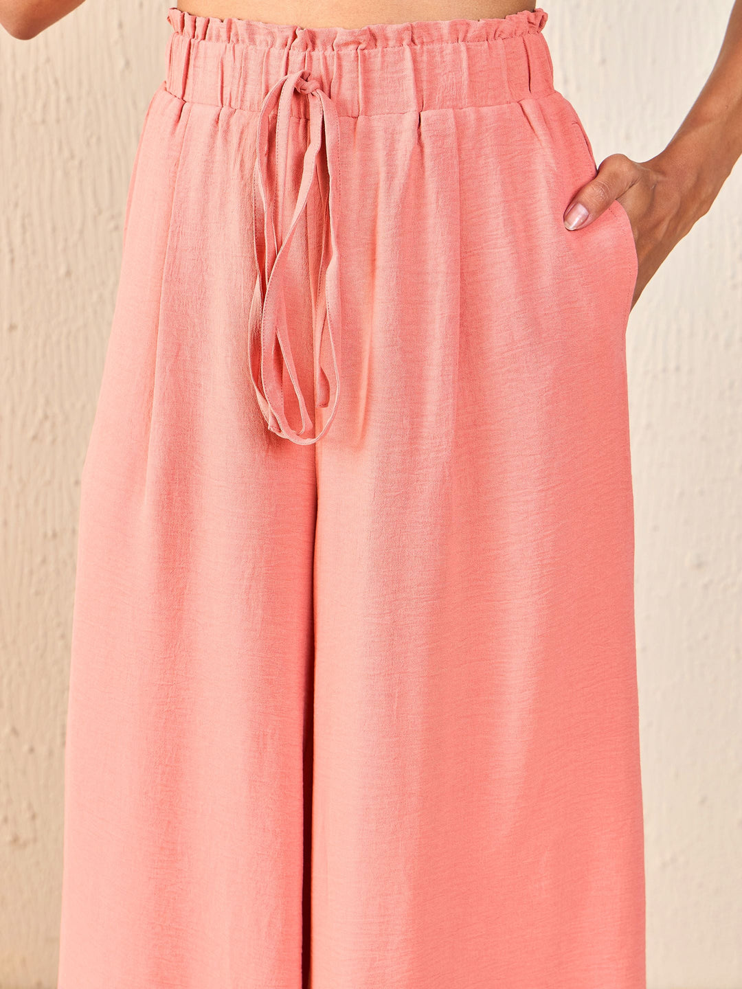 Women Dull Pink Front Button Top With Paperback Waist Pants