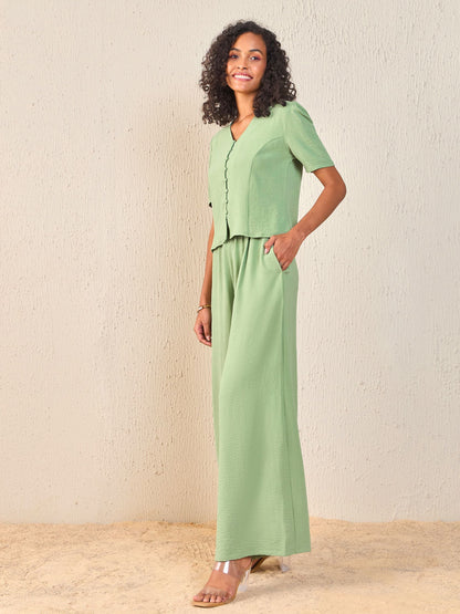Green Front Button Top With Paperback Waist Pants