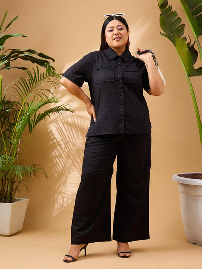 Black Schiffli Front Button Shirt With Pants