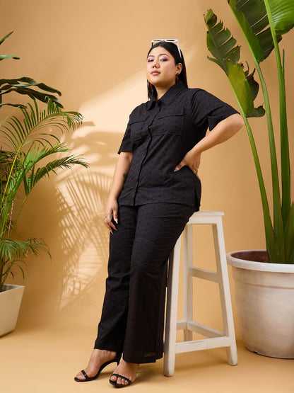 Black Schiffli Front Button Shirt With Pants