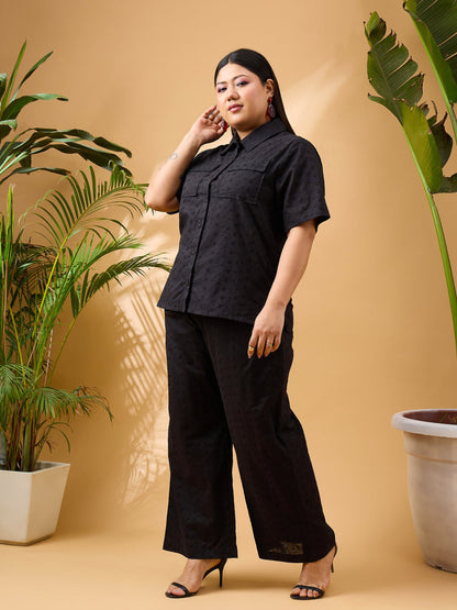 Black Schiffli Front Button Shirt With Pants