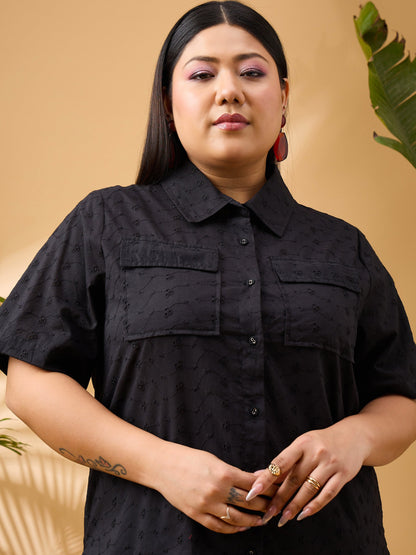 Black Schiffli Front Button Shirt With Pants