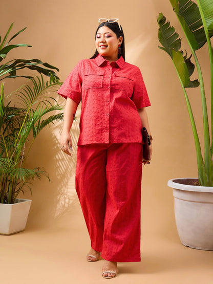 Red Schiffli Front Button Shirt With Pants
