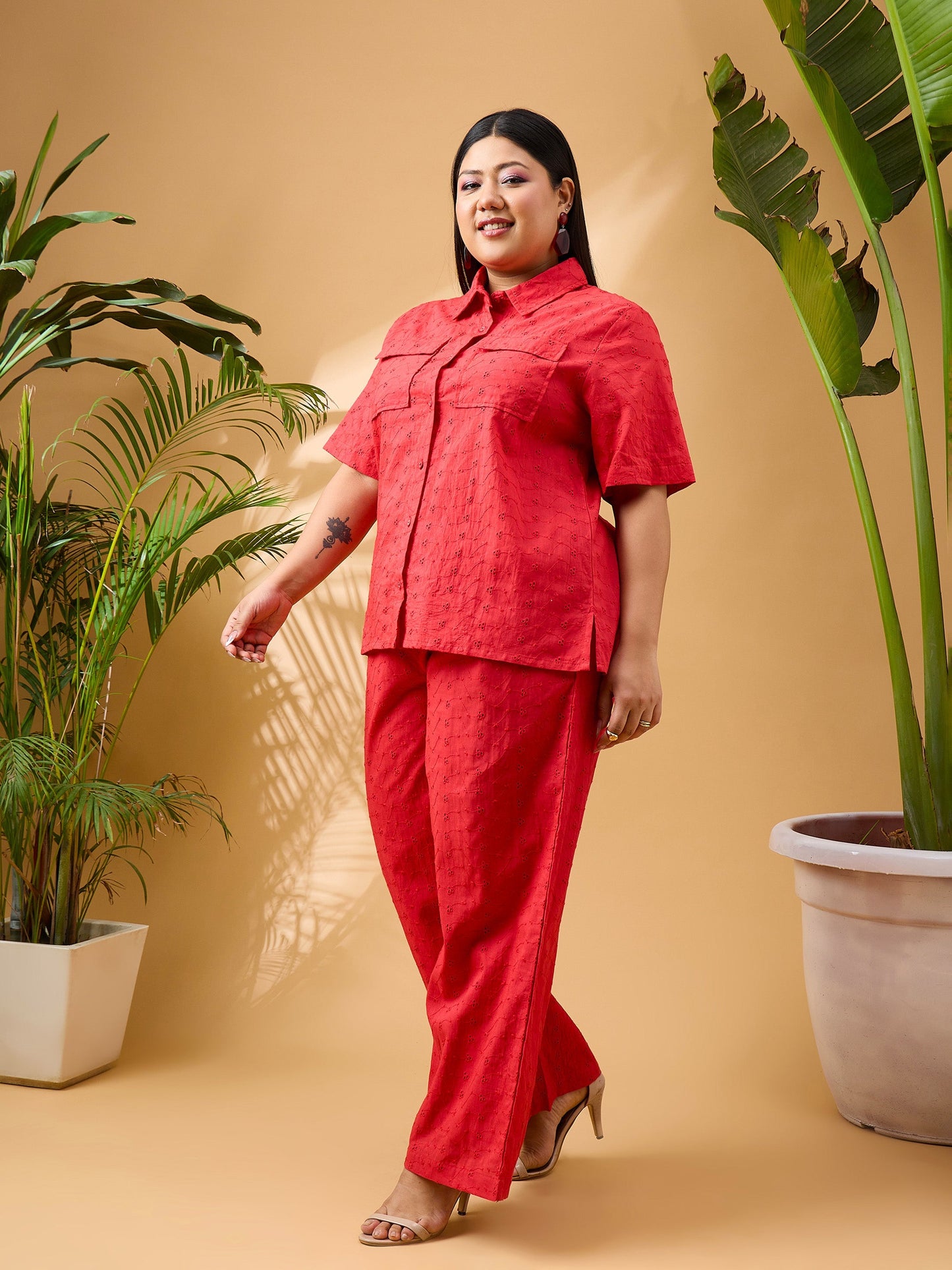 Red Schiffli Front Button Shirt With Pants