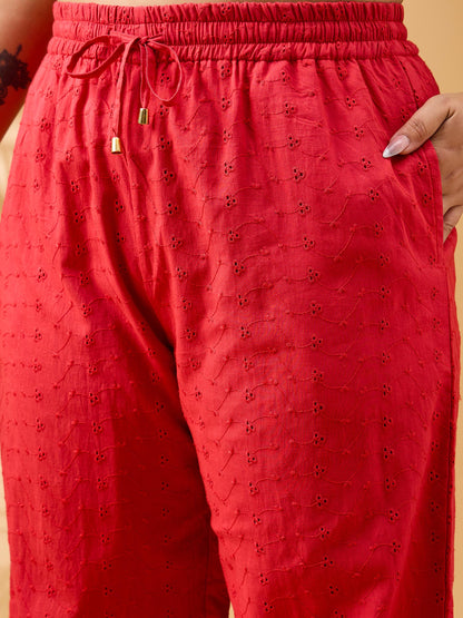 Red Schiffli Front Button Shirt With Pants