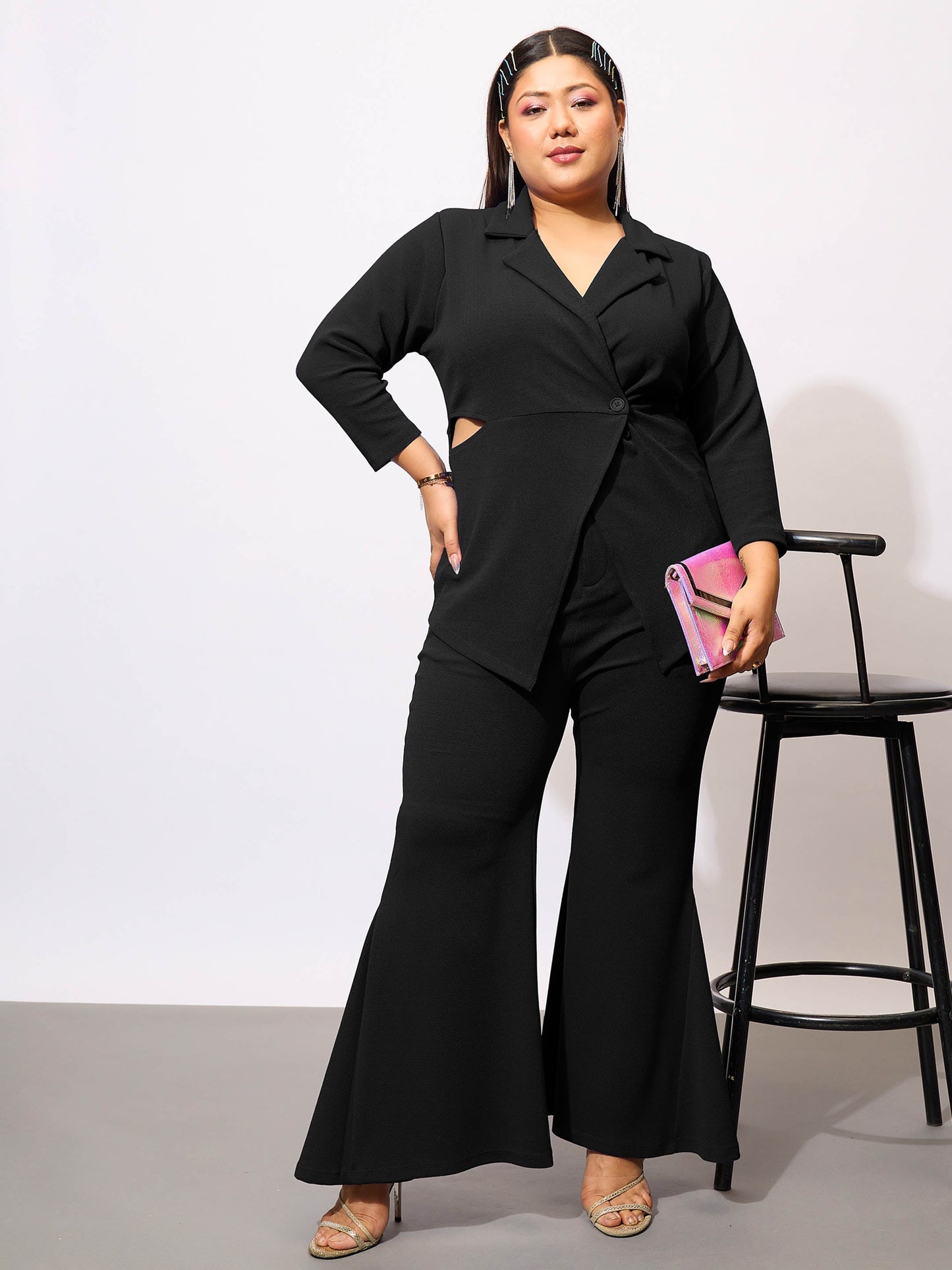 Plus size women's Black Karera Crepe Black Side Cut Out Blazer With Kick Pleat Pants by Sassafras Curve for wholesale buyers, boutiques, resellers