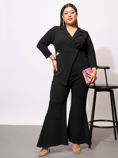 Plus size women's Black Karera Crepe Black Side Cut Out Blazer With Kick Pleat Pants by Sassafras Curve for wholesale buyers, boutiques, resellers