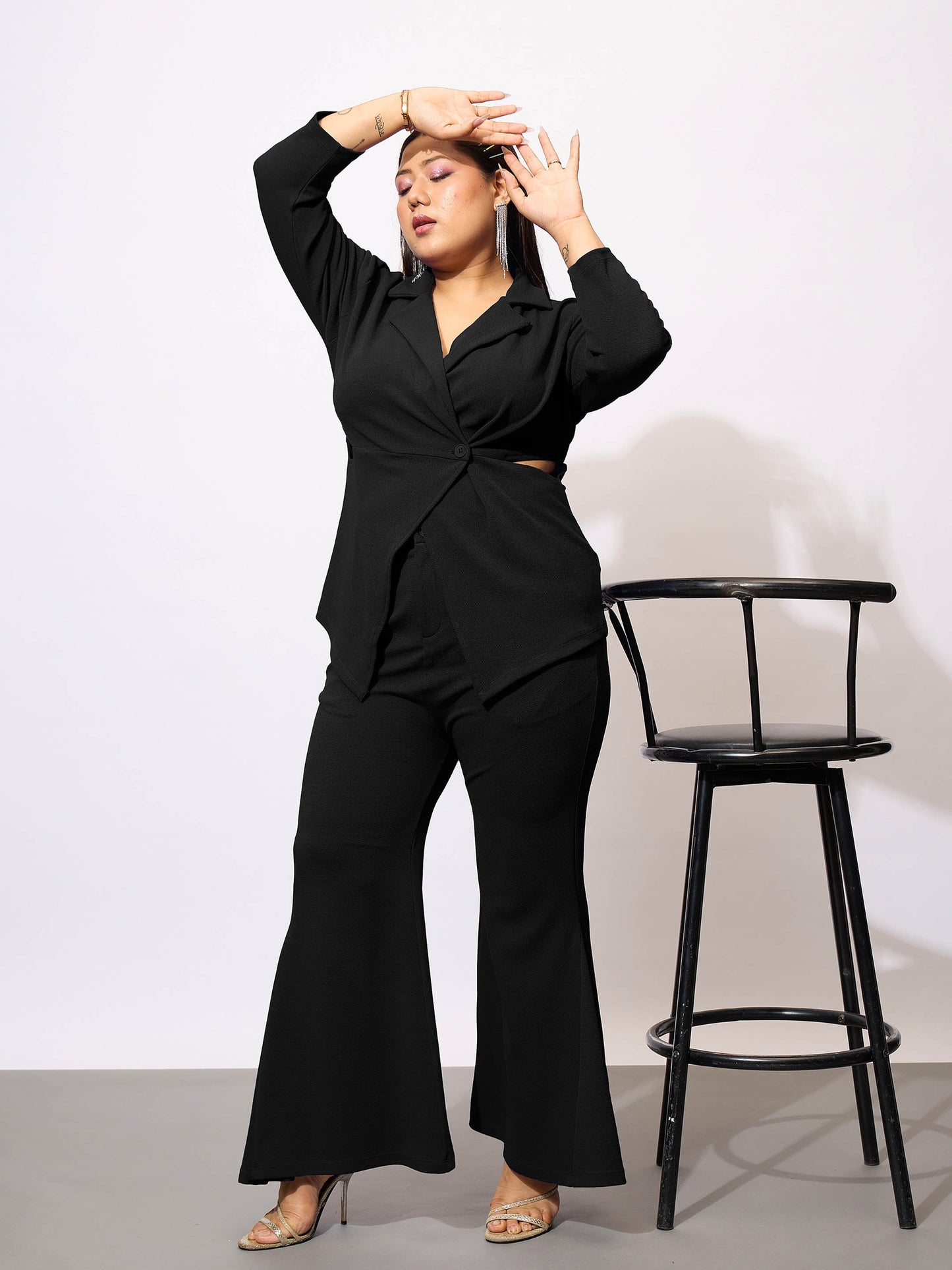 Black Side Cut Out Blazer With Kick Pleat Pants-SASSAFRAS Curve