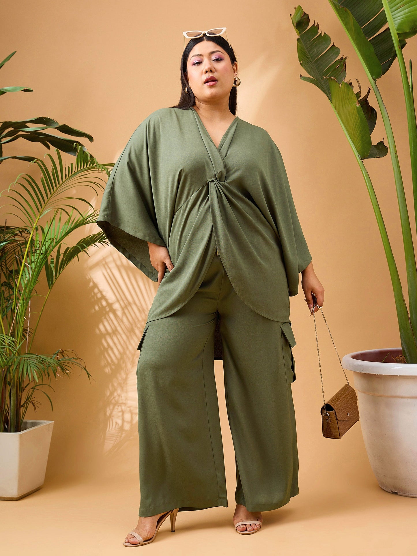 Olive Solid Front Knot Top With Cargo Pants