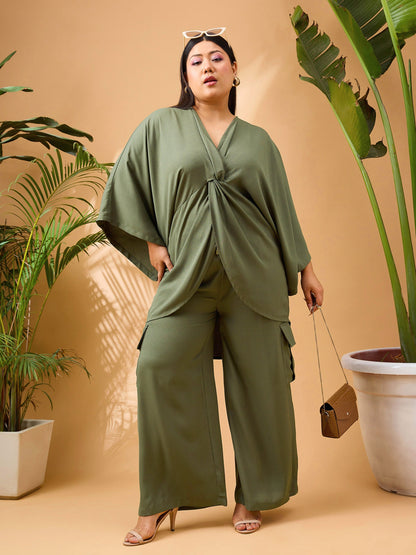 Olive Solid Front Knot Top With Cargo Pants